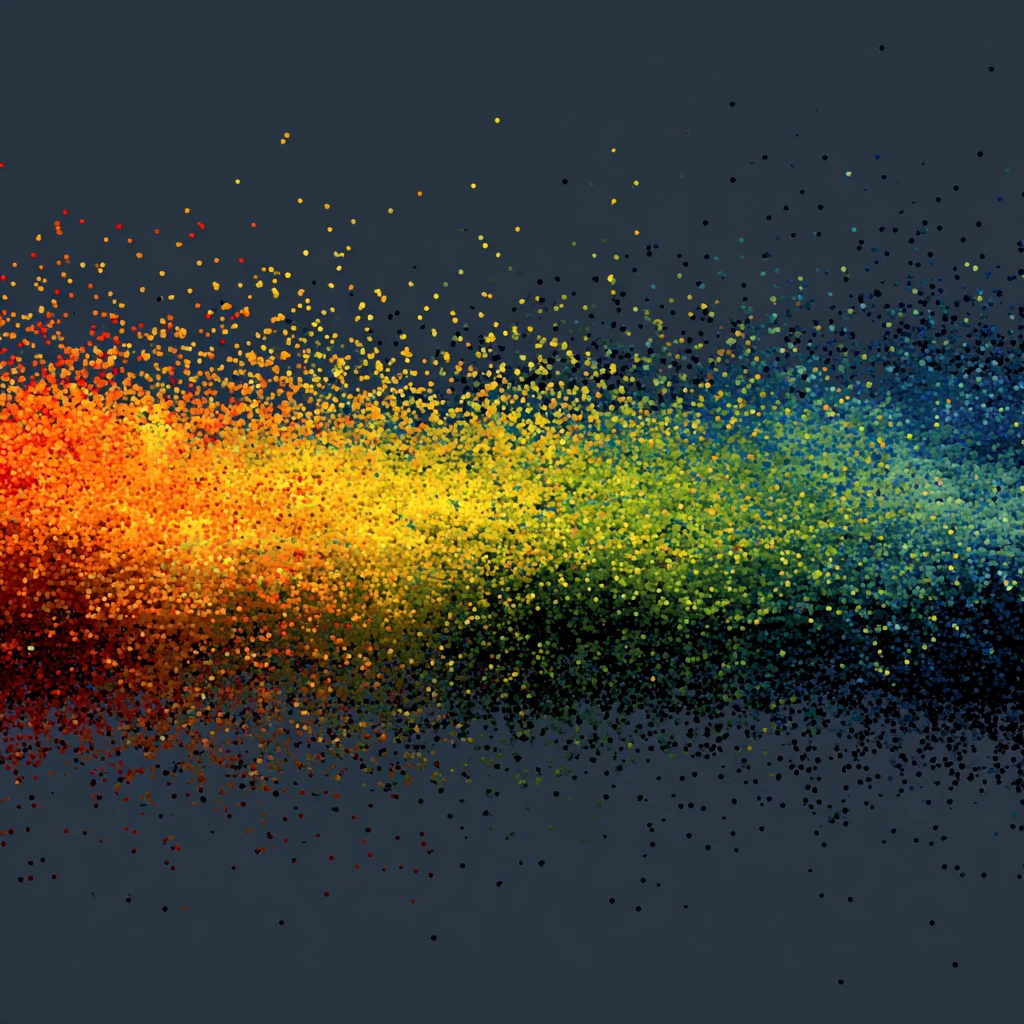 Data visualization showing density of color terms across the visible spectrum, dense clustering in red-yellow-green range, sparse scattering in blue range, gradient background showing wavelengths