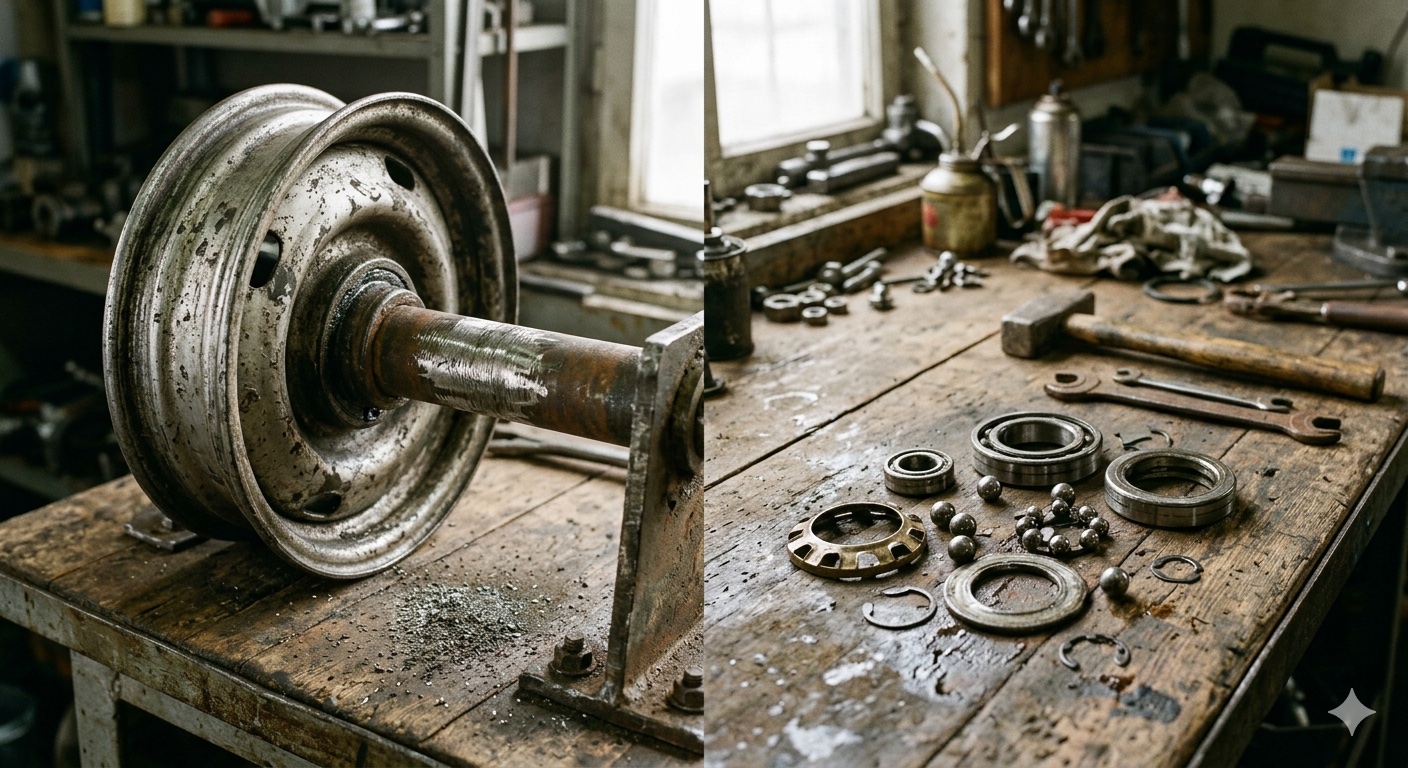 A worn wheel with a grinding axle beside disassembled ball bearing parts sitting untouched on a workbench