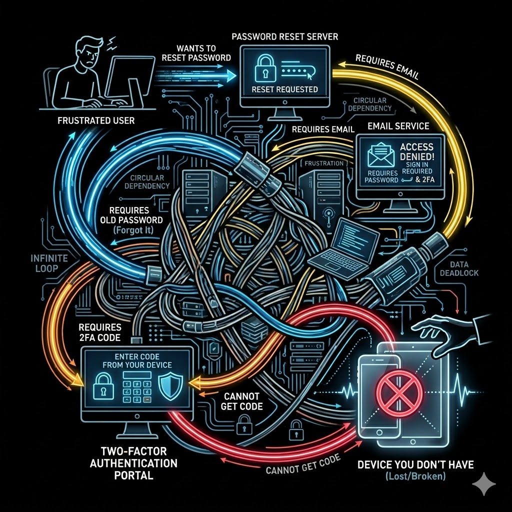 Absurd circular dependency loop: password reset requires email, email requires password, password requires 2FA, 2FA requires the device you don't have