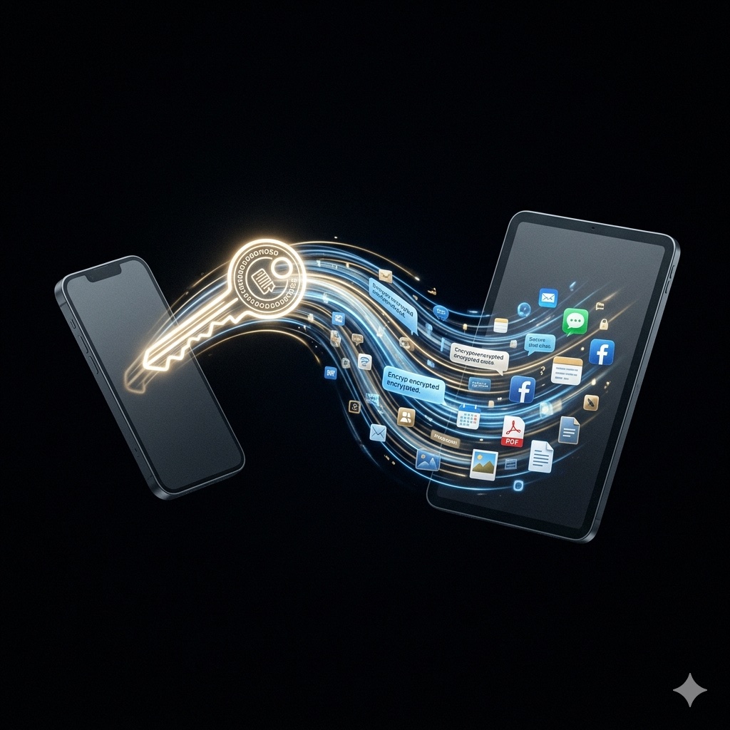 A cryptographic key bridging two phones as apps and data flow seamlessly from old device to new