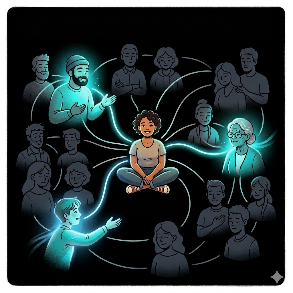 A person at center connected to trusted friends and family, three of them glowing — the Shamir threshold met