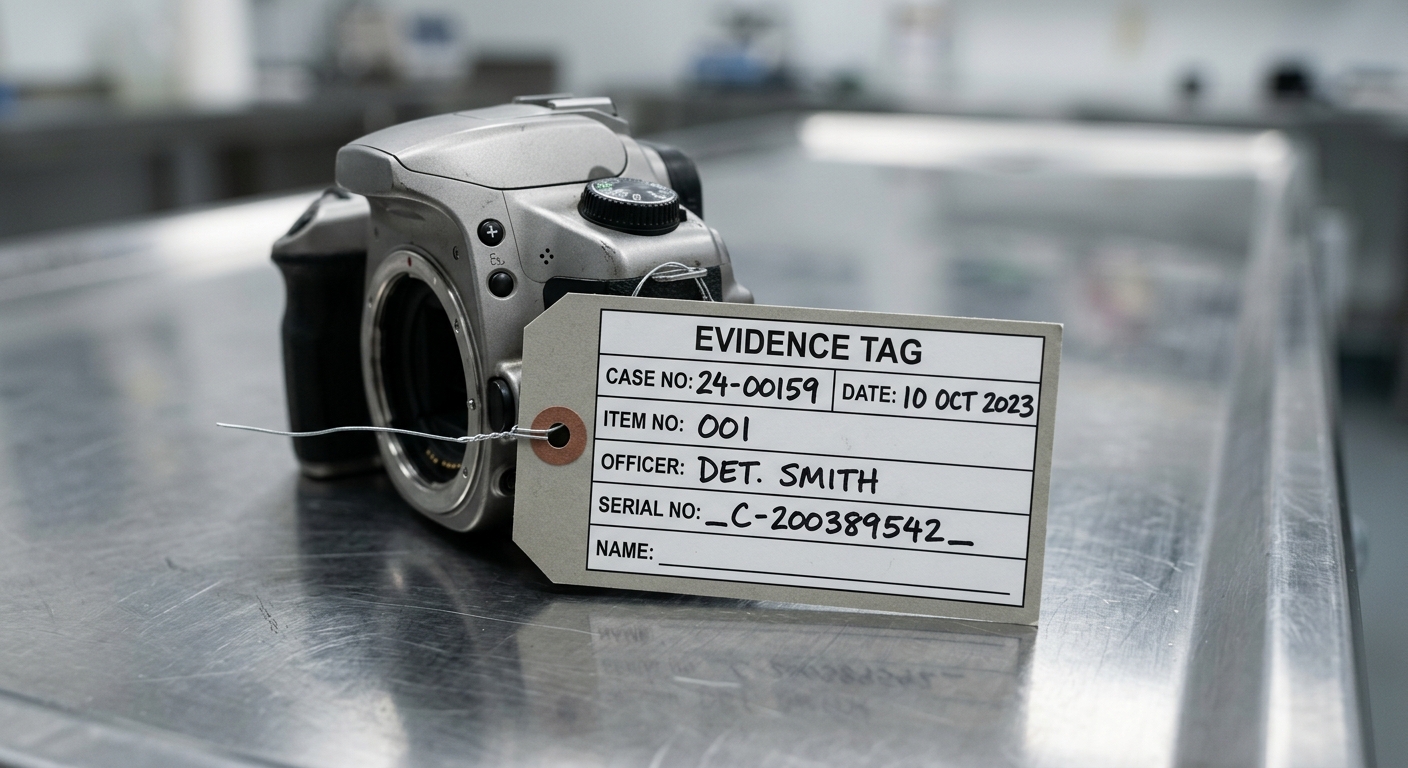 A camera on an evidence table, tagged and serialised; the line for a name is blank.