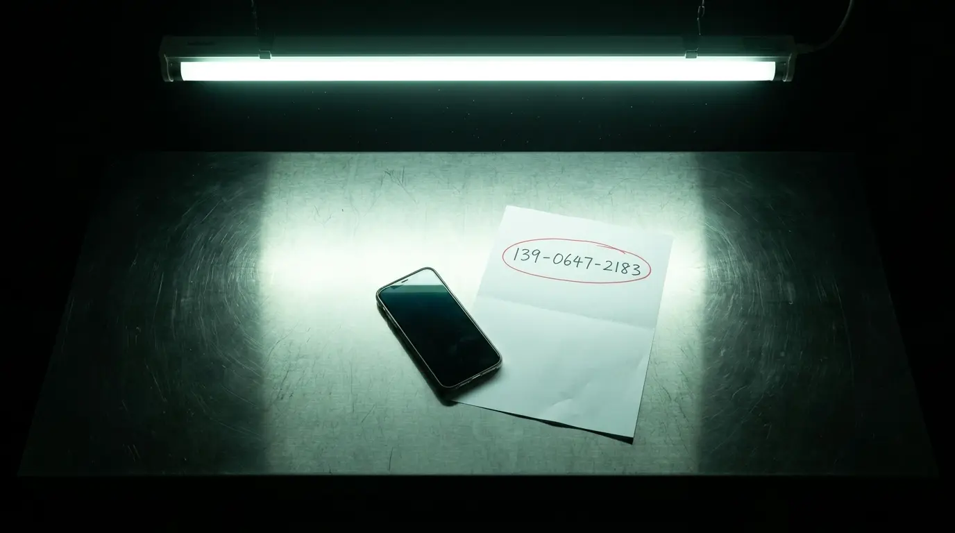 Phone face-down on a desk next to a paper with a phone number