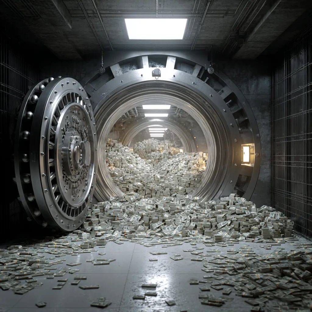 A massive vault door standing open with money spilling out, illustrating what twelve locks of security actually looks like
