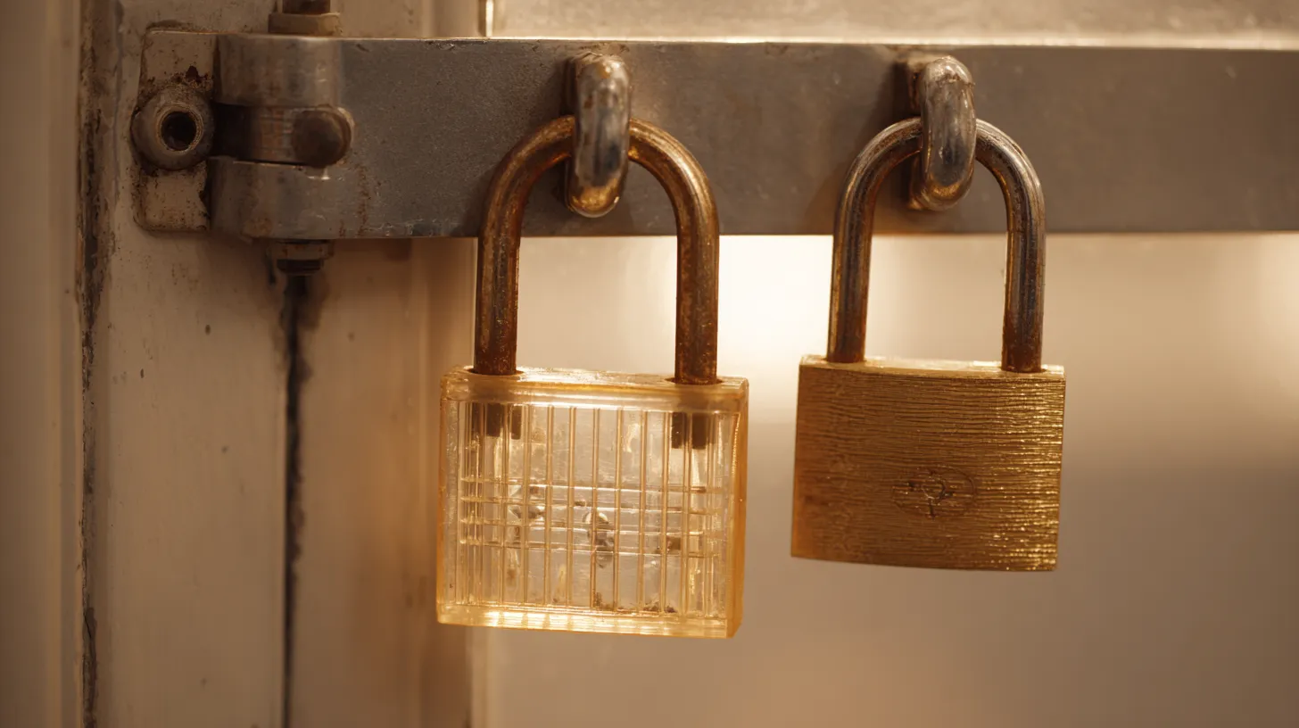 Two padlocks hanging from a steel hasp, one brass, one translucent. Room for more.