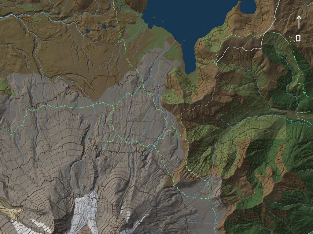 Spirit Lake country as a map: shaded terrain, land cover, contours and trails