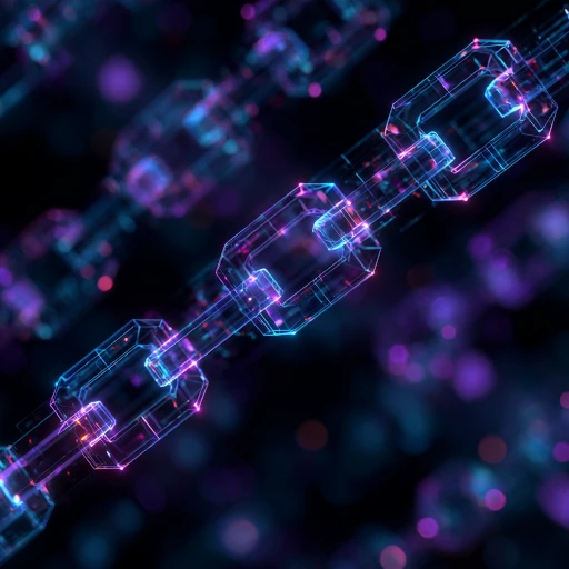 Abstract visualization of a cryptographic chain with interconnected blocks, each message affecting the next, glowing hash connections flowing like electricity thru linked nodes, dark background with electric blue and purple gradients, technical blueprint aesthetic
