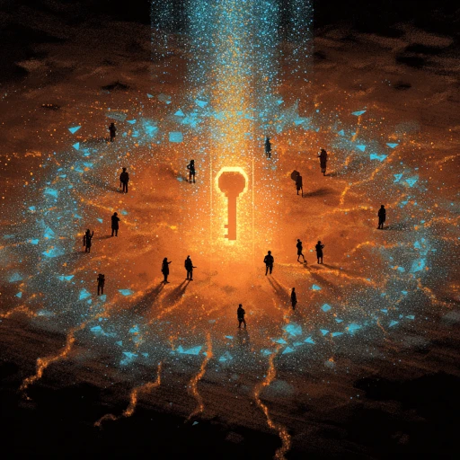 Conceptual illustration of a cryptographic key fragmenting into glowing shards distributed among silhouettes of people in a circle, digital particles connecting them, warm amber and cyan lighting, holographic aesthetic, cyberpunk style