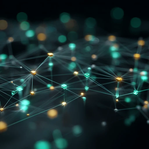 Abstract technical illustration of a decentralized peer-to-peer mesh network with glowing nodes interconnected by luminous lines, dark background with neon cyan and green accents, isometric view, minimalist geometric style, digital art