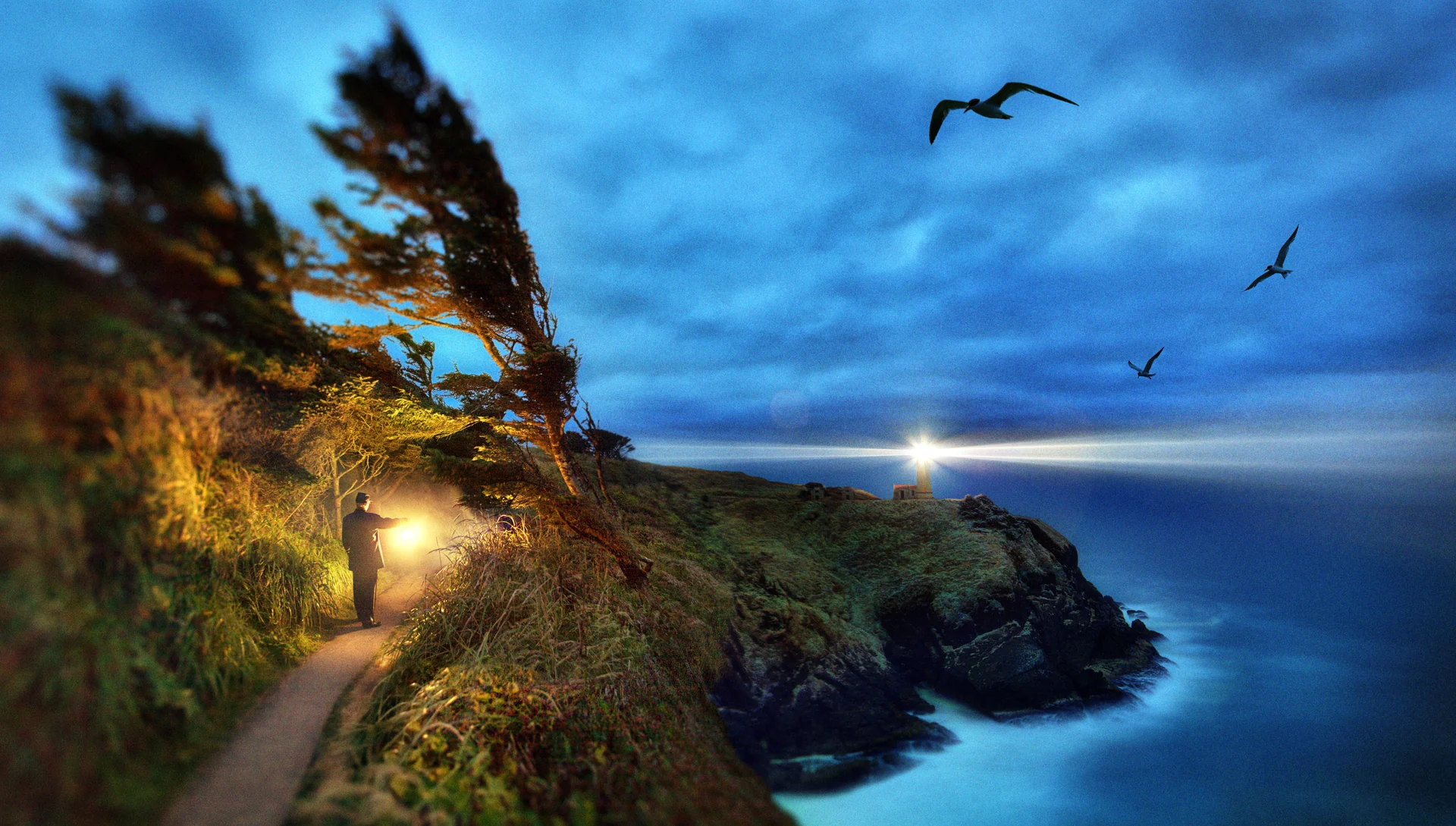 Dusk on a coastal headland: a figure walks a path carrying a lantern while a lighthouse beam answers from across the water